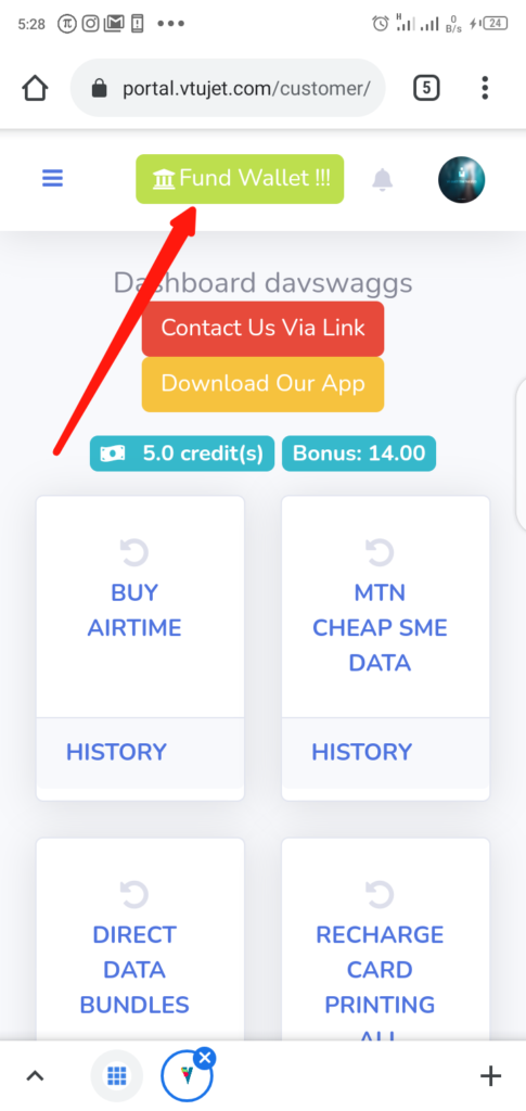 VTUJet Wallet Funding with USSD Code Step 1