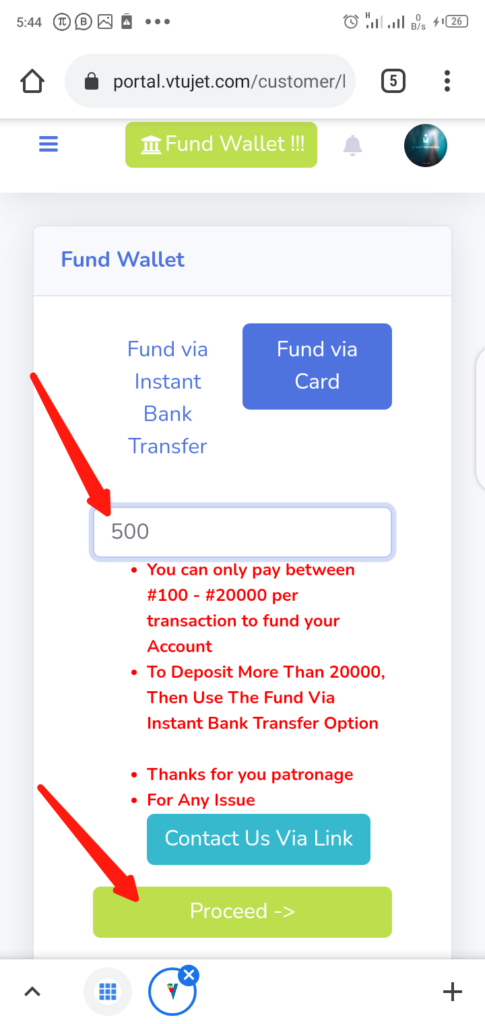 VTUJet Wallet Funding with USSD Code Step 2