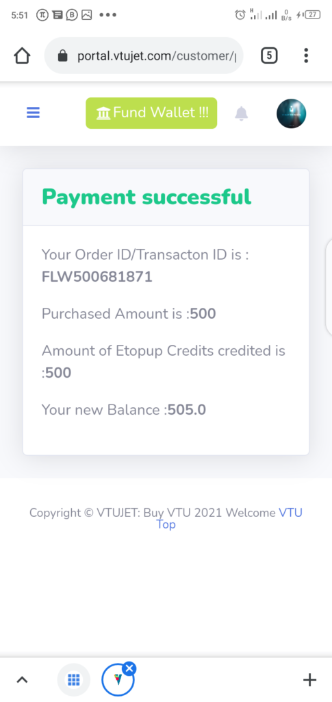 VTUJet Wallet Funding Successful Page