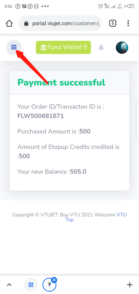 VTUJet Funding Wallet Step 7