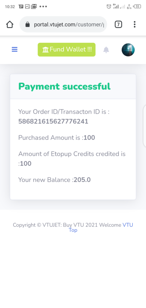 VTUJet Wallet Funding successful message