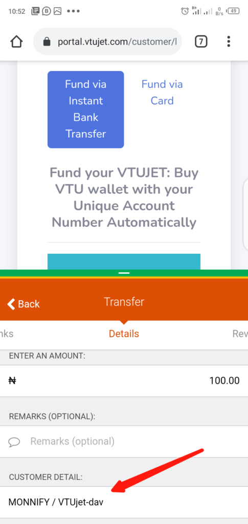 Fund VTUJet Wallet With Instant Bank Transfer Step 3