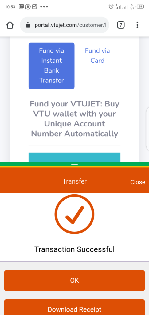 Fund VTUJet Wallet With Instant Bank Transfer Successful
