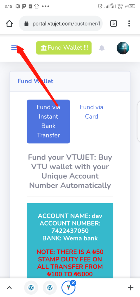 Fund VTUJet Wallet With Instant Bank Transfer Step 4