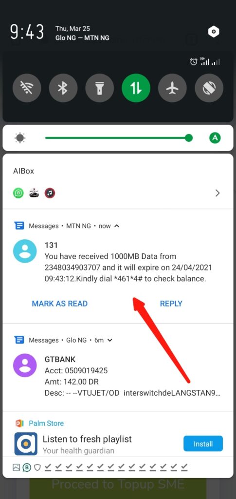 Cheap MTN SME Data topup message notification